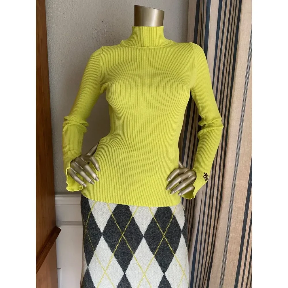 EUC Pringle Logo Yellow Ribbed Knit Mock Neck Sweater M